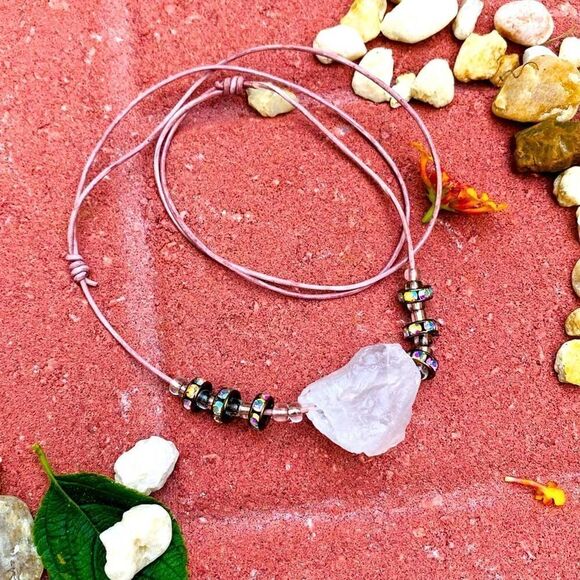 Handmade Rough Clear Quartz Leather Crystal Rondel Adjustable Necklace - Picture 1 of 4